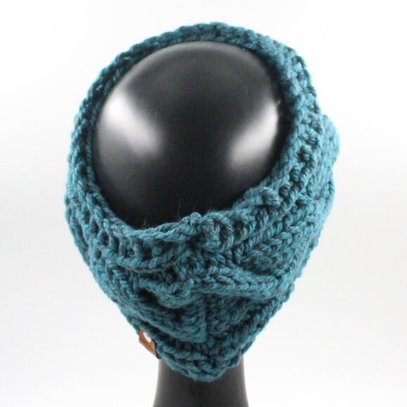 Handmade Hand Knit Chunky Cable Knit Acrylic Teal Blue Green Ear Warmer Headband - Picture 3 of 7